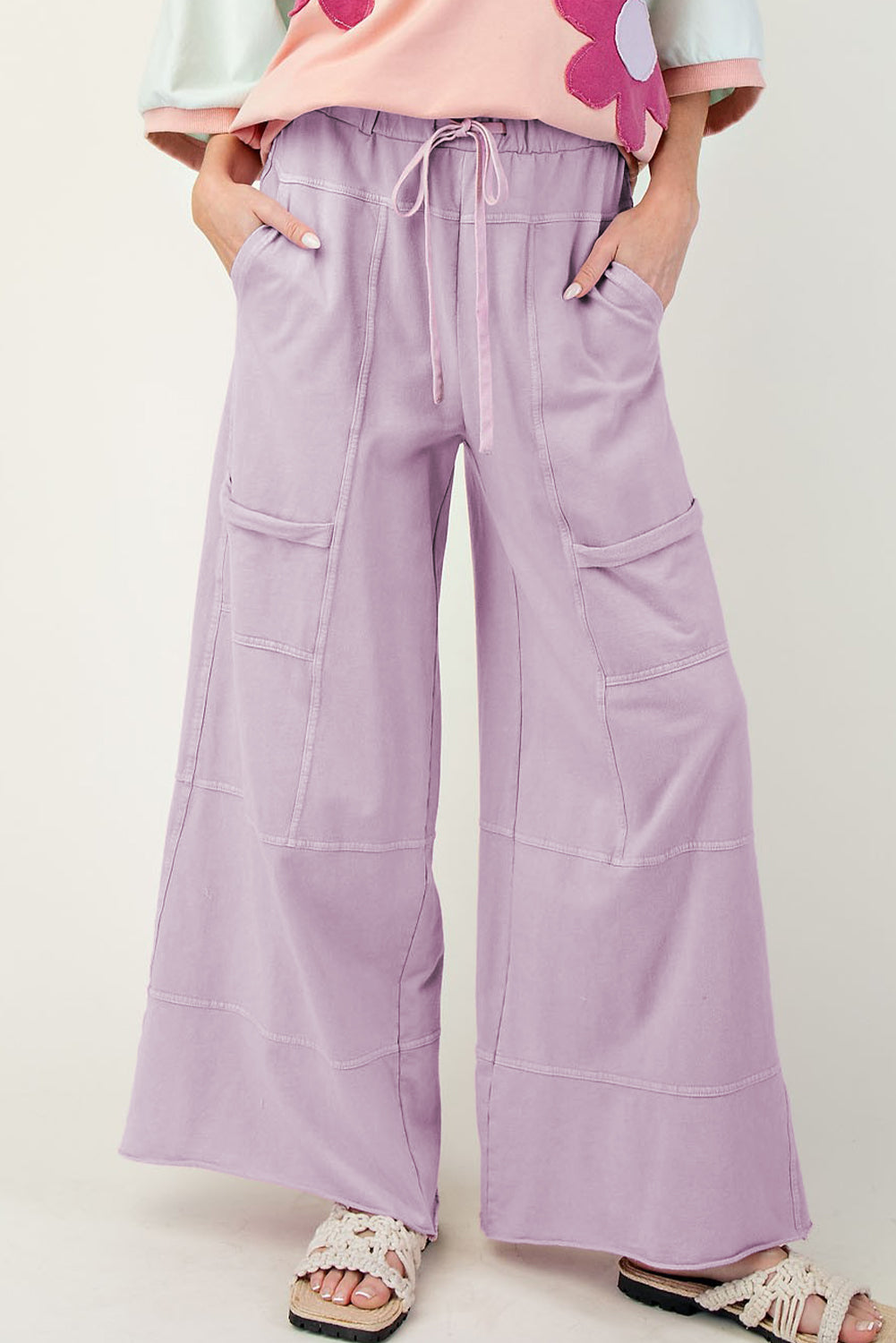 Mint Green Mineral Wash Exposed Seam Drawstring Elastic Waistband Wide Leg Cargo Pants