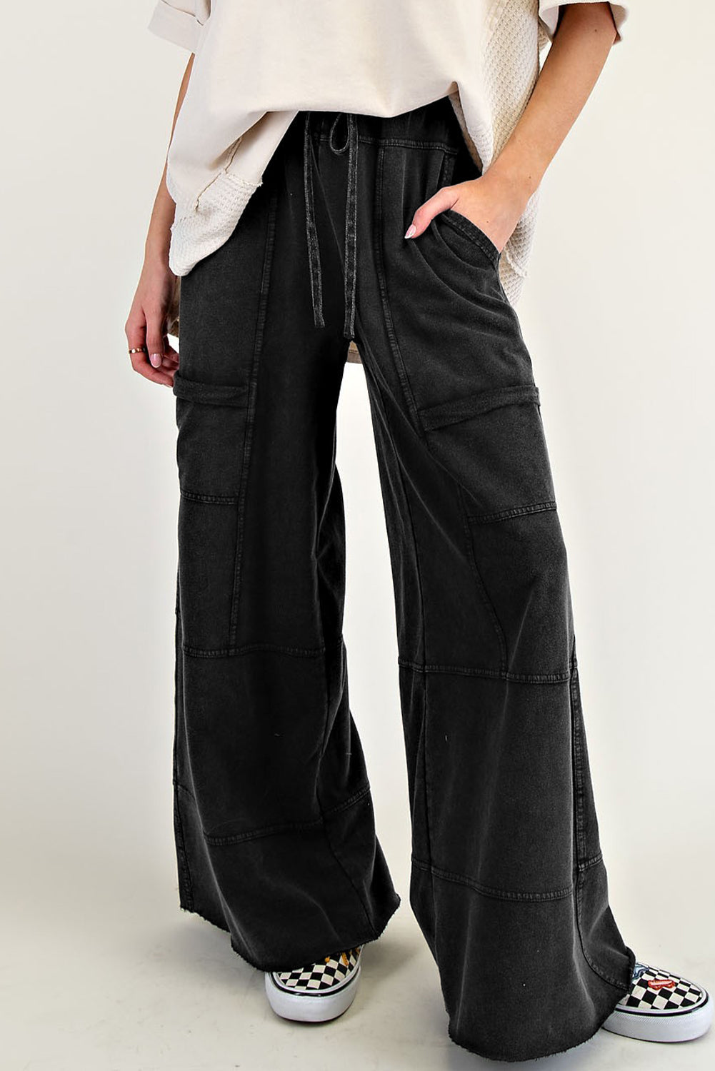 Mint Green Mineral Wash Exposed Seam Drawstring Elastic Waistband Wide Leg Cargo Pants
