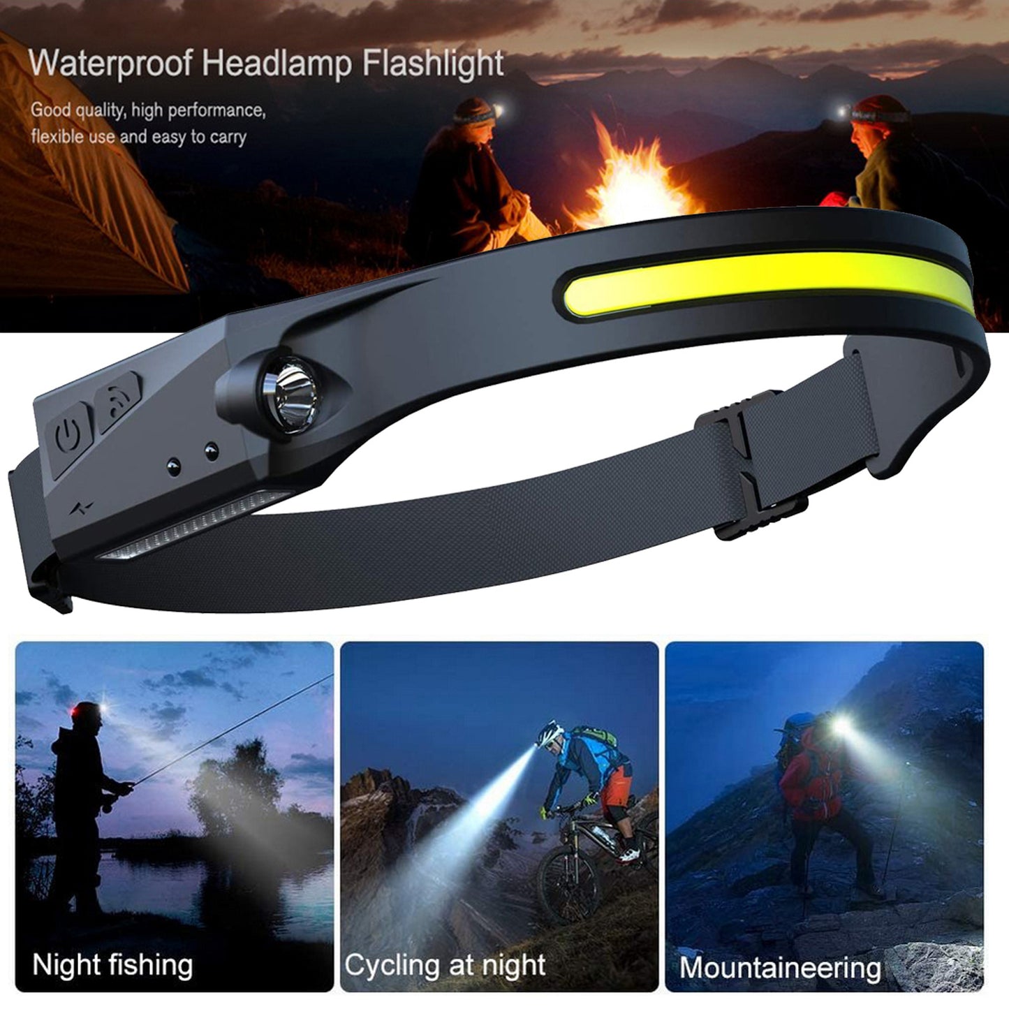 COB LED Induction Riding Headlamp Flashlight USB Rechargeable, Waterproof Camping Headlight With All Perspectives Hunting Light
