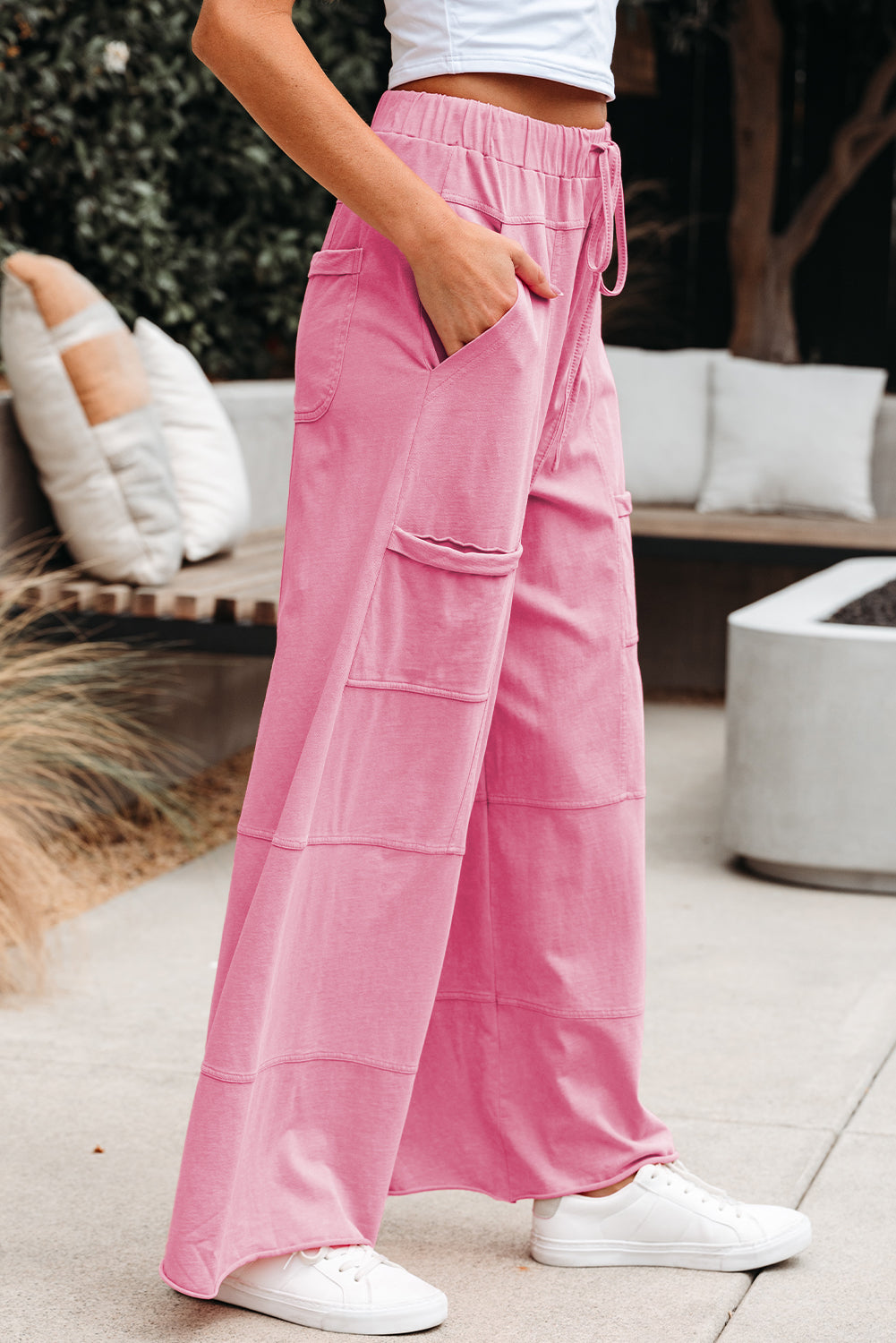 Mint Green Mineral Wash Exposed Seam Drawstring Elastic Waistband Wide Leg Cargo Pants