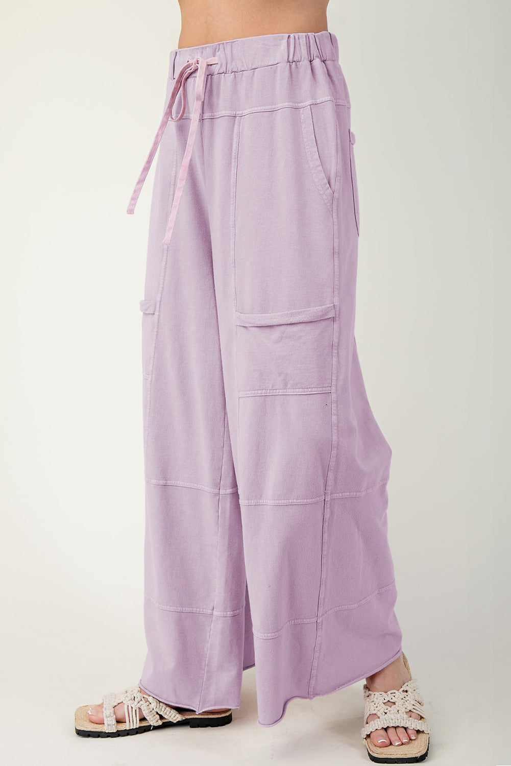 Mint Green Mineral Wash Exposed Seam Drawstring Elastic Waistband Wide Leg Cargo Pants