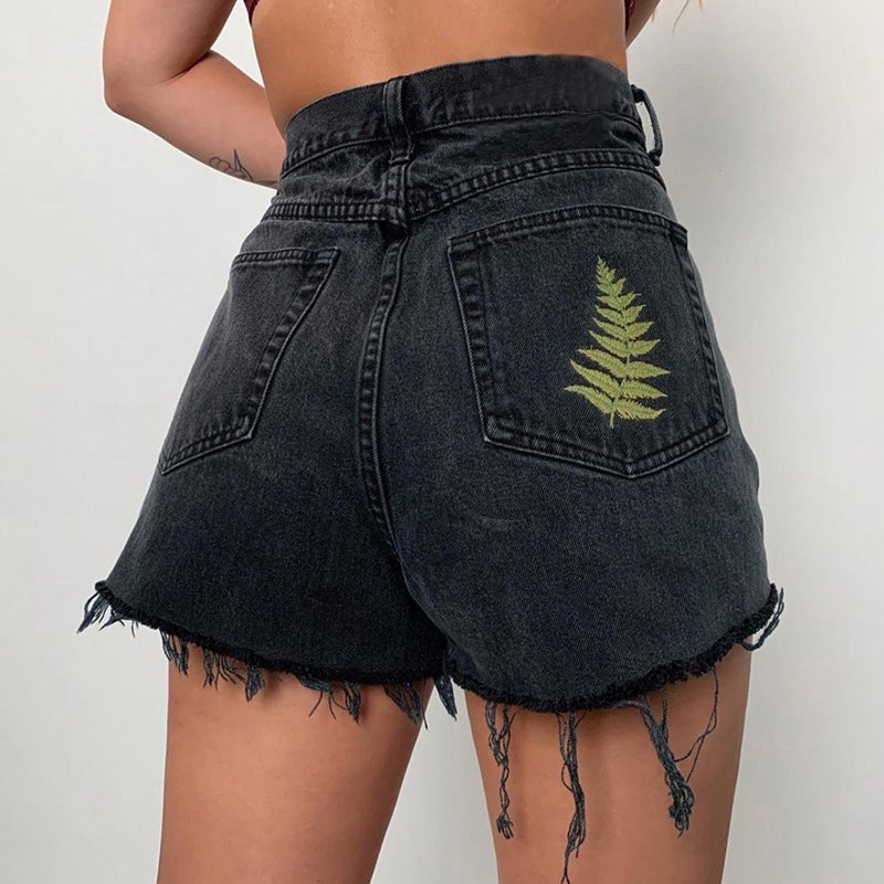 Women's Black Embroidered Denim Shorts