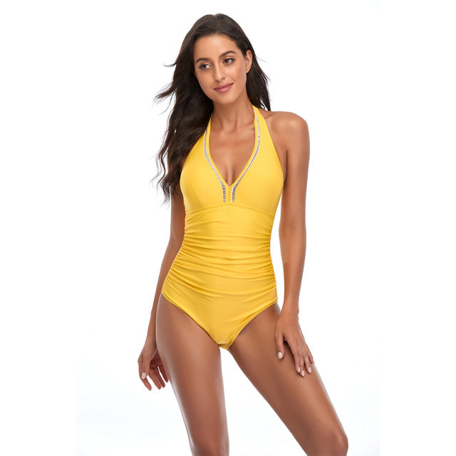 Yellow Sexy One-Piece Large Plus Size Swimwear