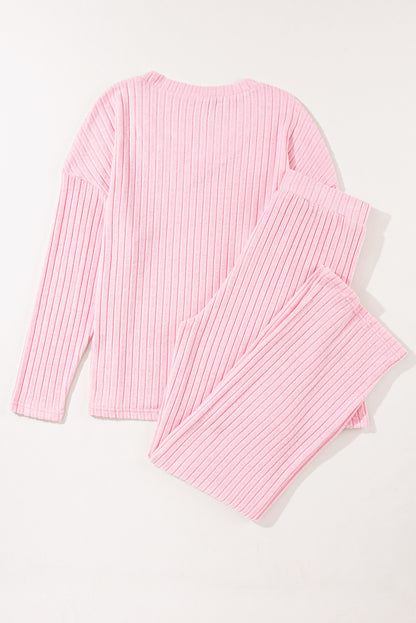 Light Pink Slouchy Ribbed Knit V Neck Top & Pants Loungewear Set