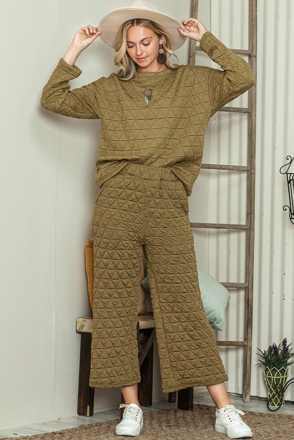 Dark Grey Solid Color Quilted Long Sleeve Top and Wide Leg Pants Set
