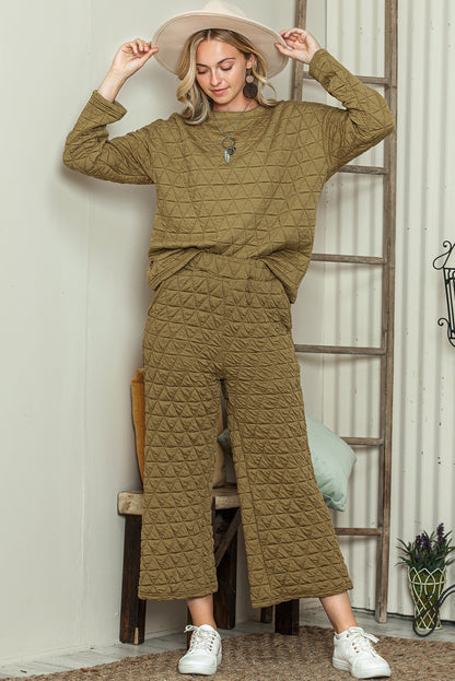 Dark Grey Solid Color Quilted Long Sleeve Top and Wide Leg Pants Set