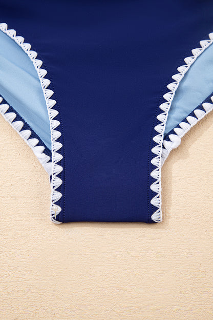 Black Ric Rac Trim Contrasted Patchwork Cutout One Piece Swimsuit