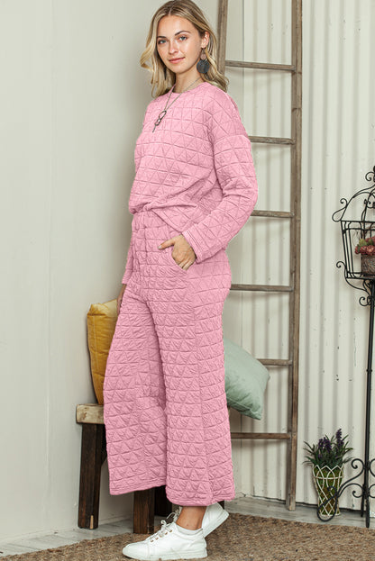Dark Grey Solid Color Quilted Long Sleeve Top and Wide Leg Pants Set