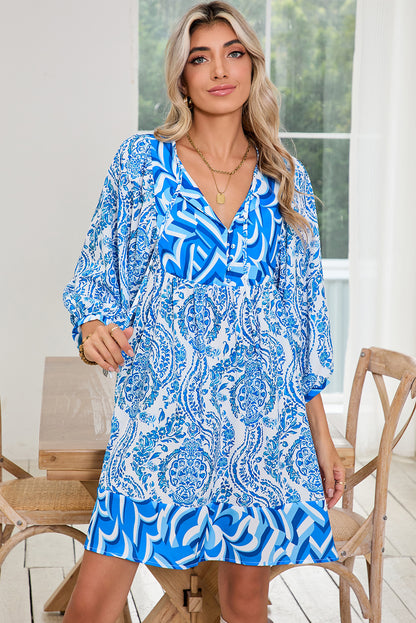 Green Bohemian Print Lantern Sleeve V Neck Flared Mini Dress