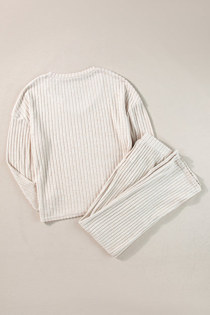 Light Pink Slouchy Ribbed Knit V Neck Top & Pants Loungewear Set