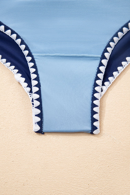 Black Ric Rac Trim Contrasted Patchwork Cutout One Piece Swimsuit