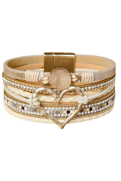 Beige Braided Heart Rhinestone Magnetic Buckle Multi Layered Bracelet