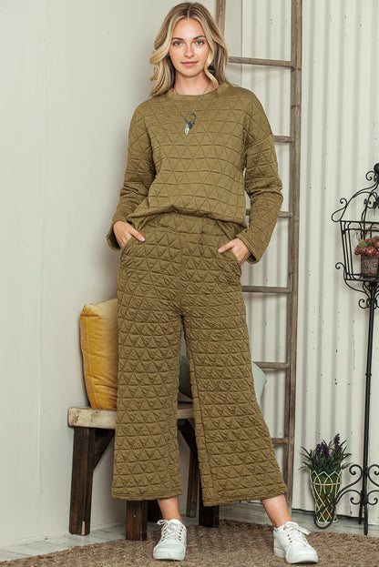 Dark Grey Solid Color Quilted Long Sleeve Top and Wide Leg Pants Set
