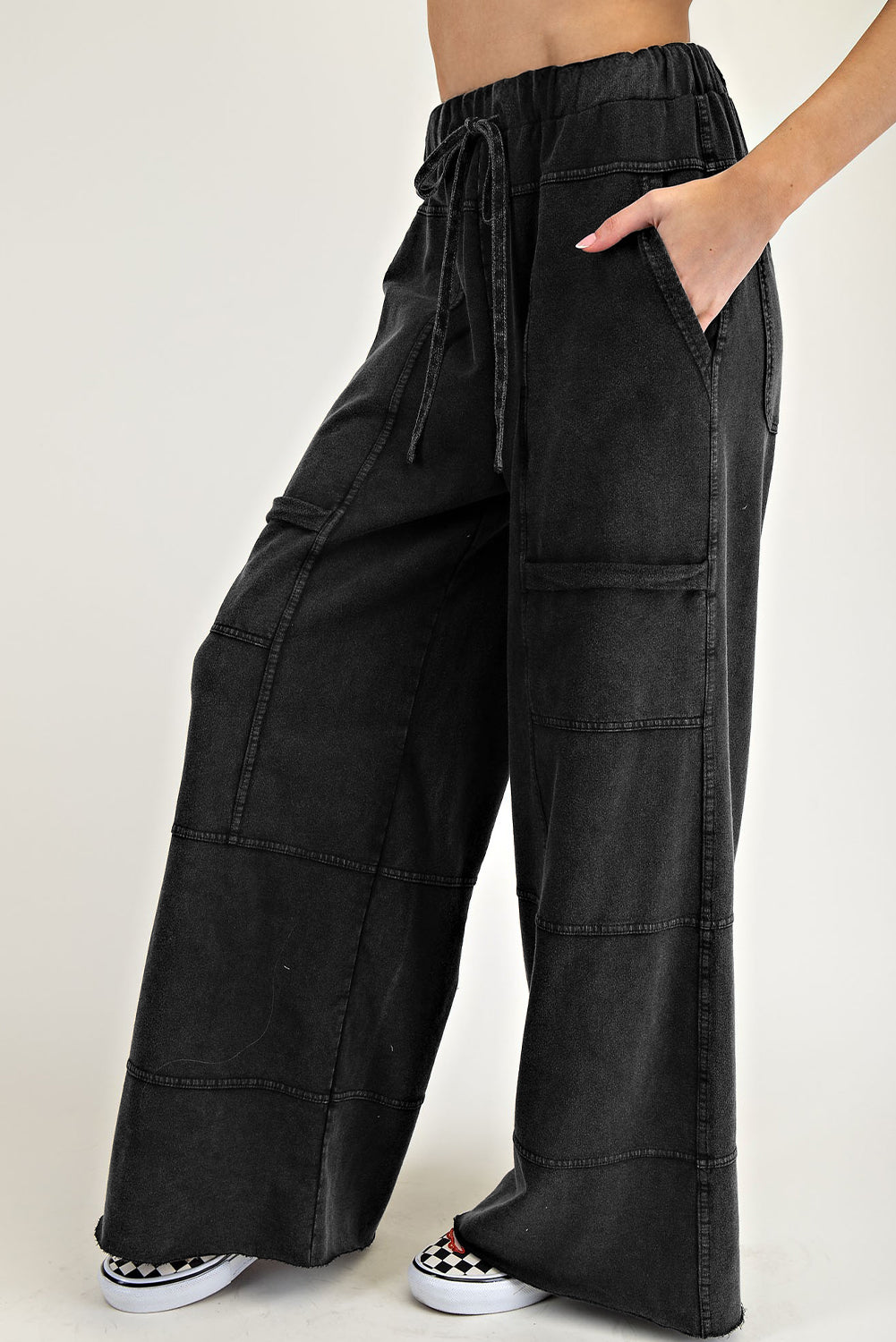 Mint Green Mineral Wash Exposed Seam Drawstring Elastic Waistband Wide Leg Cargo Pants