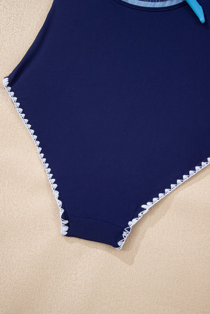 Black Ric Rac Trim Contrasted Patchwork Cutout One Piece Swimsuit