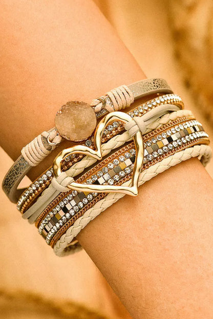 Beige Braided Heart Rhinestone Magnetic Buckle Multi Layered Bracelet