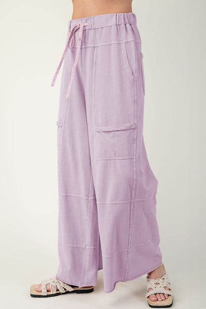 Mint Green Mineral Wash Exposed Seam Drawstring Elastic Waistband Wide Leg Cargo Pants