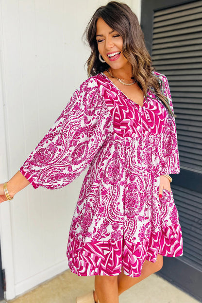 Green Bohemian Print Lantern Sleeve V Neck Flared Mini Dress