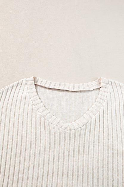 Light Pink Slouchy Ribbed Knit V Neck Top & Pants Loungewear Set