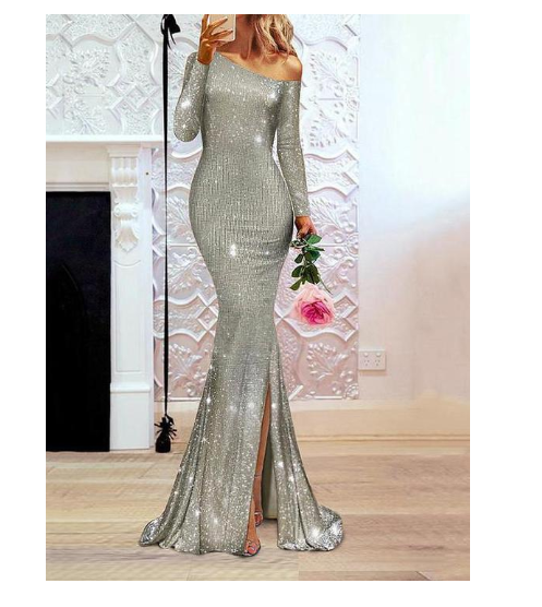 One shoulder asymmetrical sparkling long dress