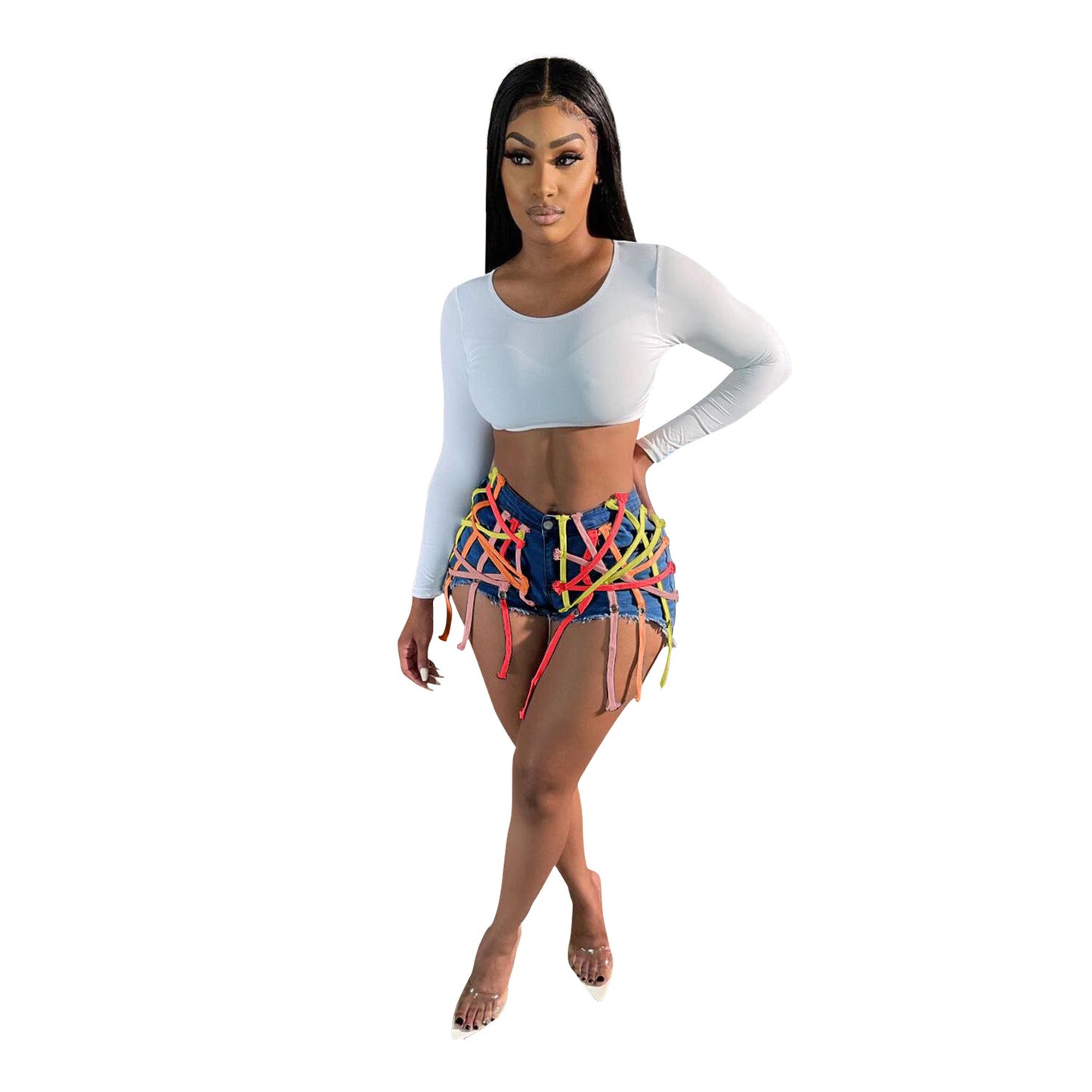 Women's Eyelet Straps Stretch Denim Shorts