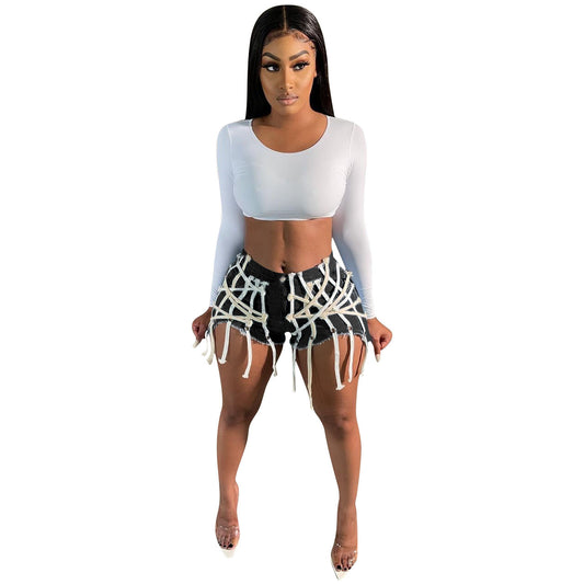 Women's Eyelet Straps Stretch Denim Shorts