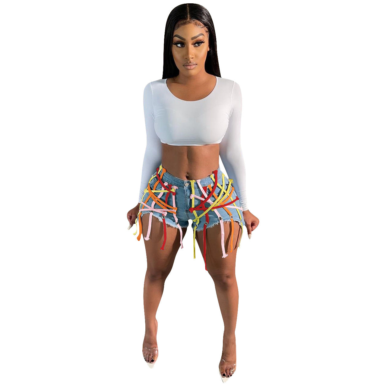 Women's Eyelet Straps Stretch Denim Shorts