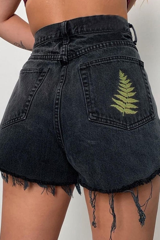 Women's Black Embroidered Denim Shorts