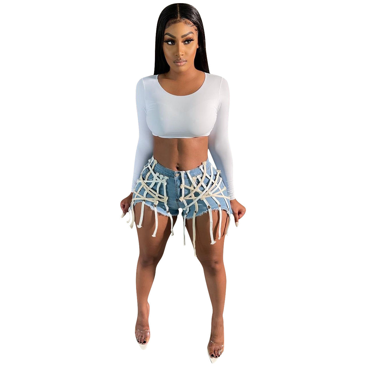 Women's Eyelet Straps Stretch Denim Shorts