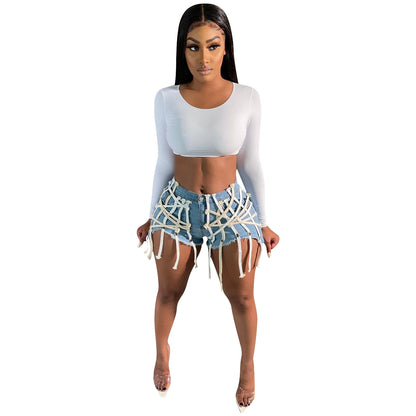 Women's Eyelet Straps Stretch Denim Shorts