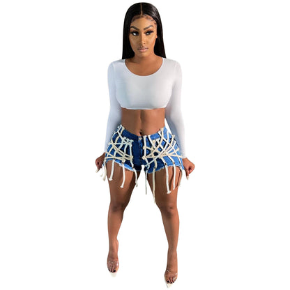 Women's Eyelet Straps Stretch Denim Shorts