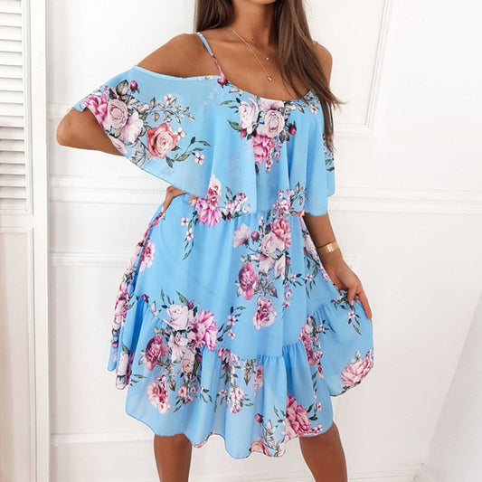 Printed V-neck off shoulder Strap Dress