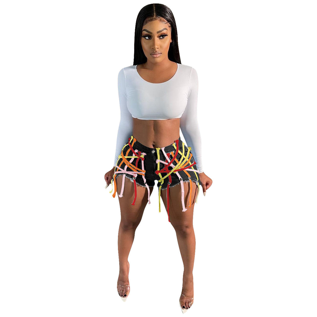 Women's Eyelet Straps Stretch Denim Shorts
