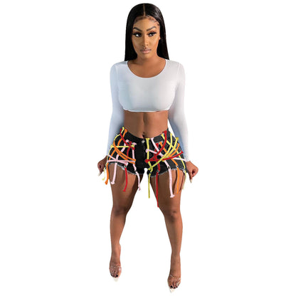 Women's Eyelet Straps Stretch Denim Shorts