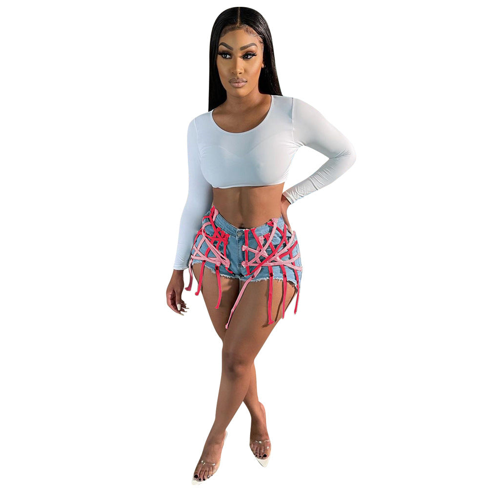 Women's Eyelet Straps Stretch Denim Shorts