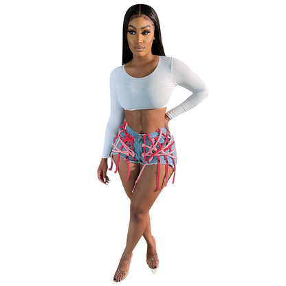 Women's Eyelet Straps Stretch Denim Shorts