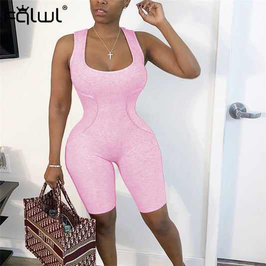 FQLWL Pink Summer Romper Women Shorts Bodycon Ladies Jumpsuit Female One Piece Ribbed Pink Black Sexy Jumpsuit Women Playsuit