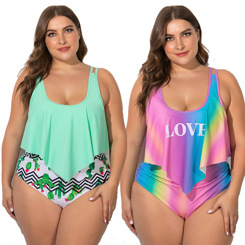 Summer Plus Size Two Pieces Women Bikini Set Cactus/Letter Printed Ruffle