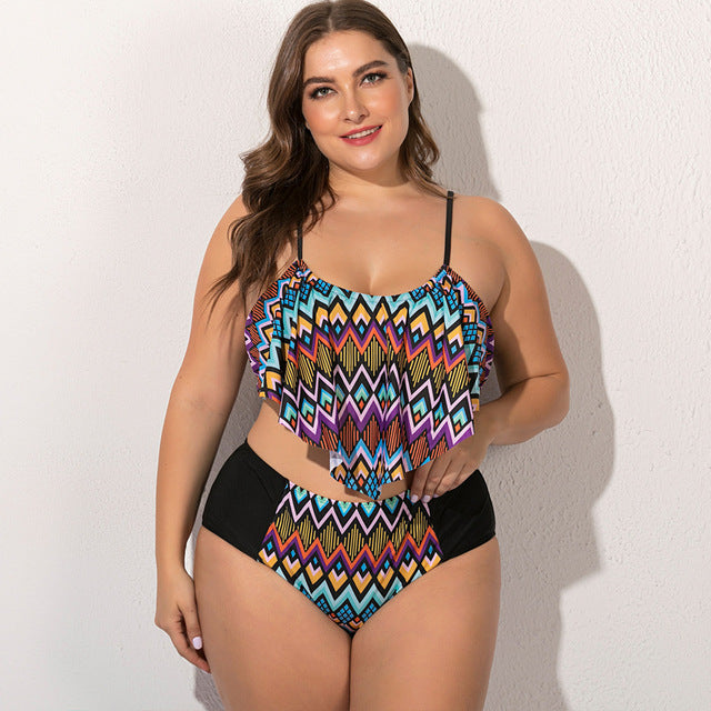 Summer Plus Size Two Pieces Women Bikini Set Cactus/Letter Printed Ruffle