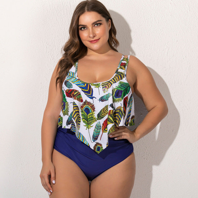 Summer Plus Size Two Pieces Women Bikini Set Cactus/Letter Printed Ruffle