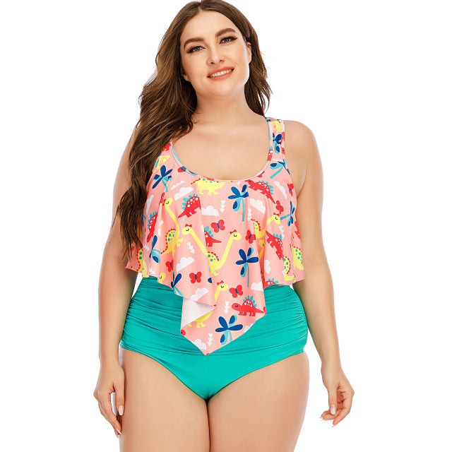 Summer Plus Size Two Pieces Women Bikini Set Cactus/Letter Printed Ruffle