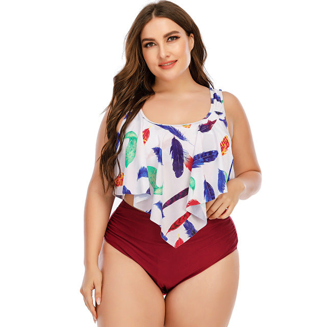 Summer Plus Size Two Pieces Women Bikini Set Cactus/Letter Printed Ruffle