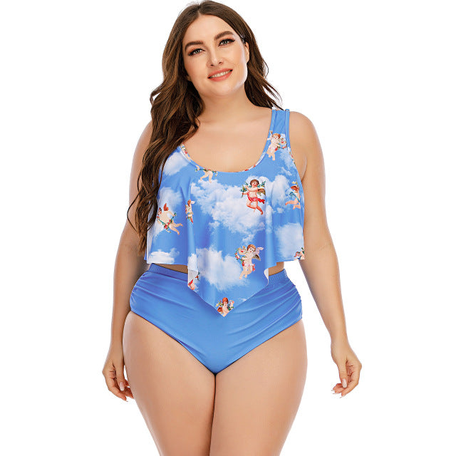 Summer Plus Size Two Pieces Women Bikini Set Cactus/Letter Printed Ruffle
