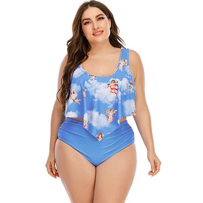 Summer Plus Size Two Pieces Women Bikini Set Cactus/Letter Printed Ruffle