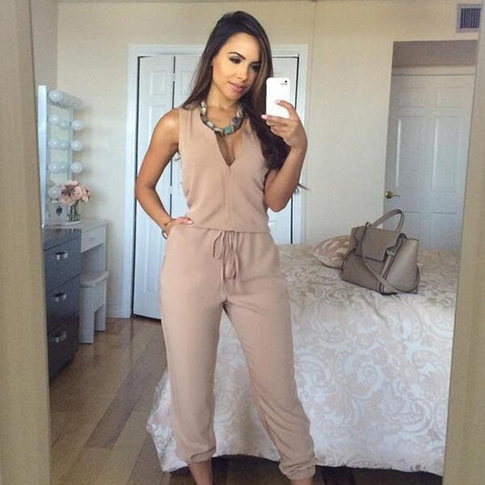 New 2019 Women Summer Sexy V Neck Jumpsuit Long Pants Solid Rompers Women&#39;s Sleeveless One Piece Bodysuit Jumpsuit