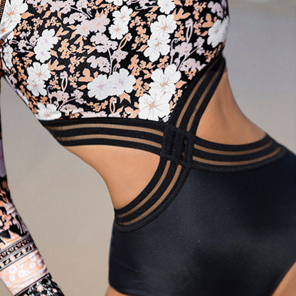 long sleeve one piece swimsuit women print hollow out 2022