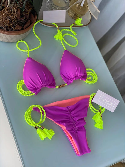 Purple Halter women Bikini Set Ribbed Swimsuit