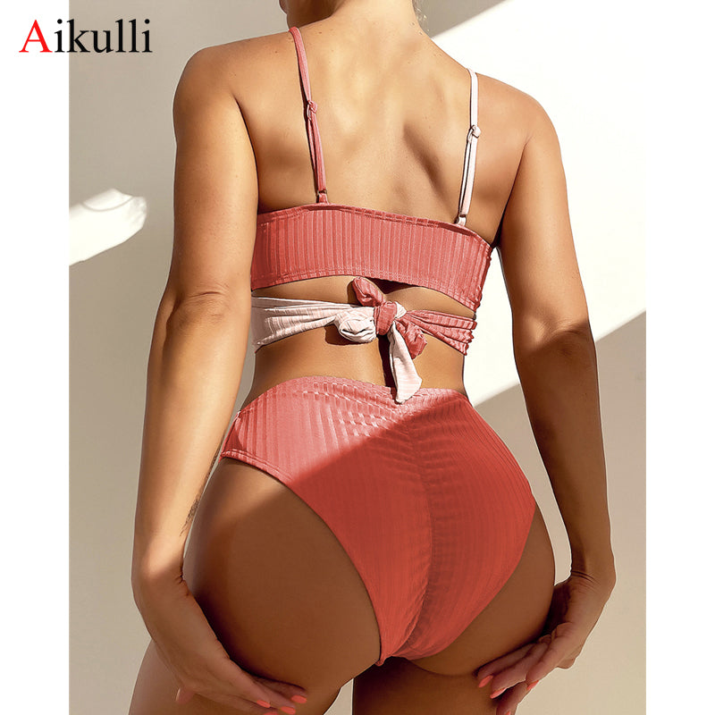 High Waist Bikini Set Patchwork Swimsuit 2022 New Cross Wrap