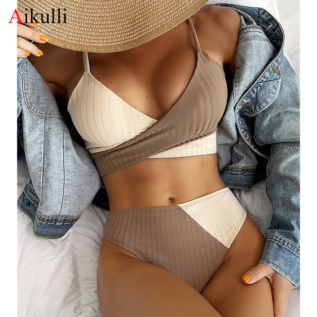 High Waist Bikini Set Patchwork Swimsuit 2022 New Cross Wrap