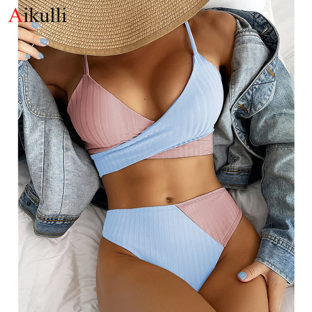 High Waist Bikini Set Patchwork Swimsuit 2022 New Cross Wrap